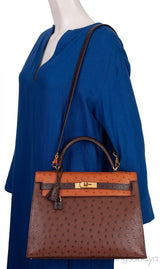 Hermes Kelly 32 Chocolate Natural and Dark Brown Ostrich GHW