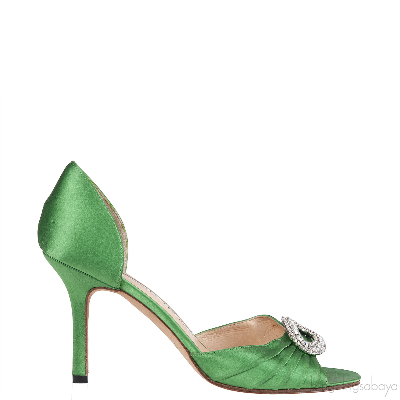 Manolo Blahnik Sedaraby Green Satin Crystal Pump