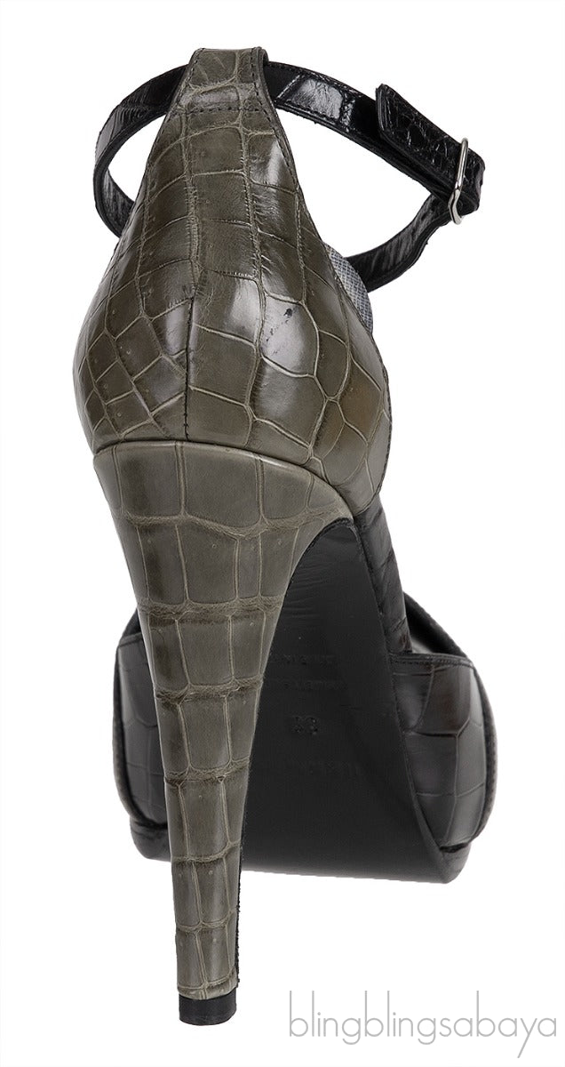 H Initial Black Bicolor Crocodile Heels
