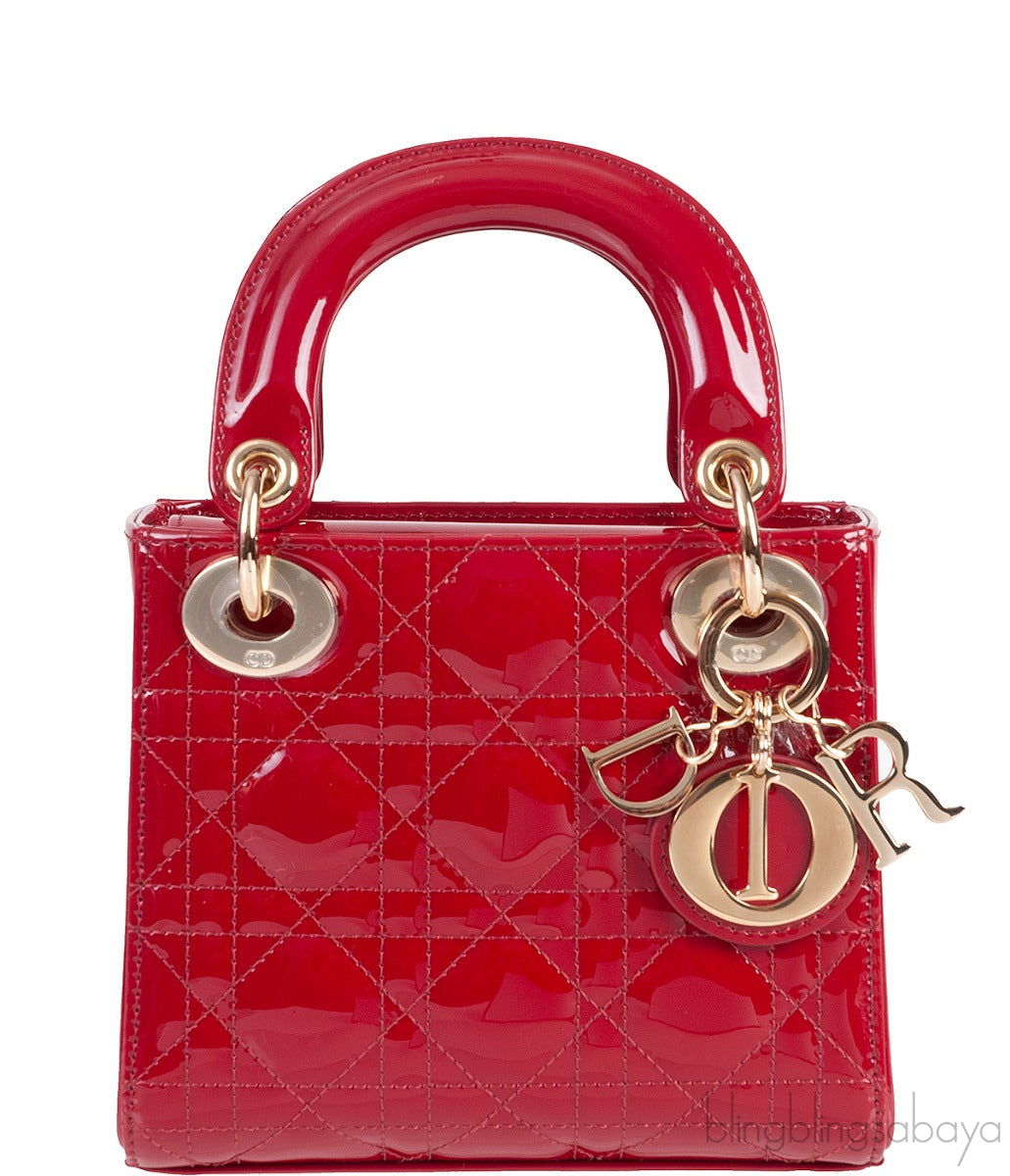 Christian Dior Lady Dior Mini Red Patent Quilted Leather GHW