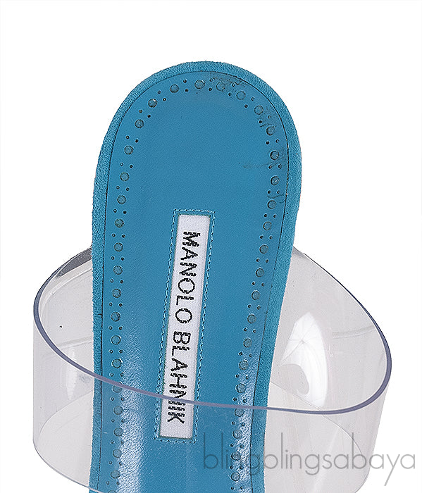 Manolo Blahnik Teal Blue Suede & Clear Eco PVC Scolto Open Toe Mules