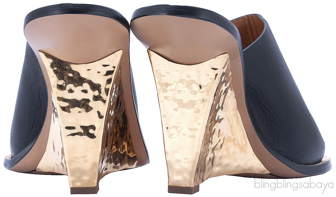 Hammered Gold Tone Wedge Mule