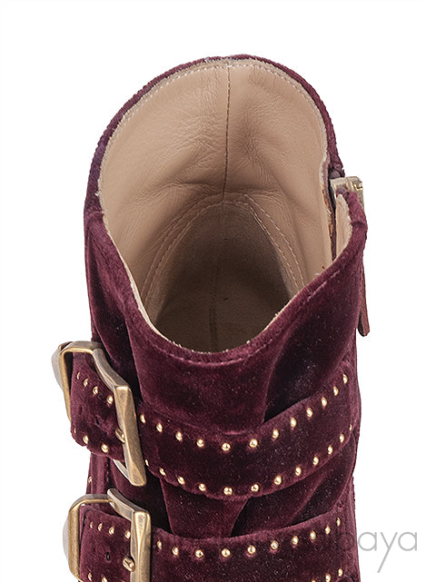 Burgundy Velvet Metal Beads Strappy Boots