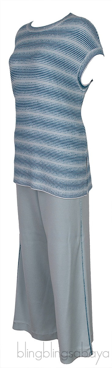 Blue Green Knitted Top and Wide Leg Trouser Set