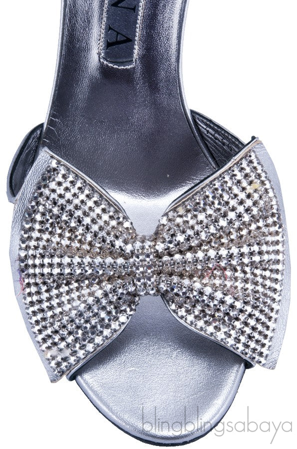 Silver Leather Bow Crystal Sandals