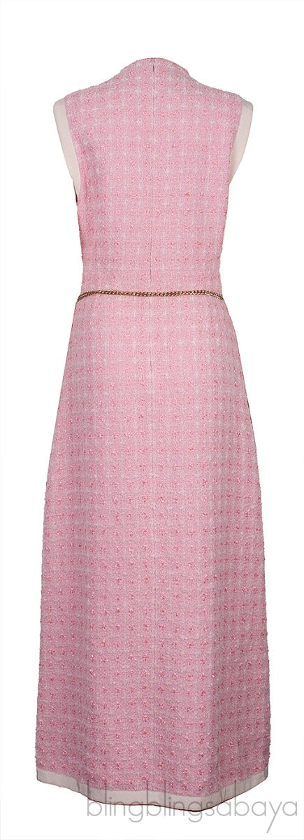 Pink Tweed Sleeveless Long Dress