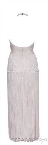 White Fringed Halter Neck Dress