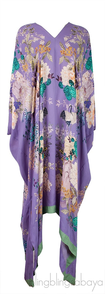 Purple Floral Print Silk Kaftan Dress