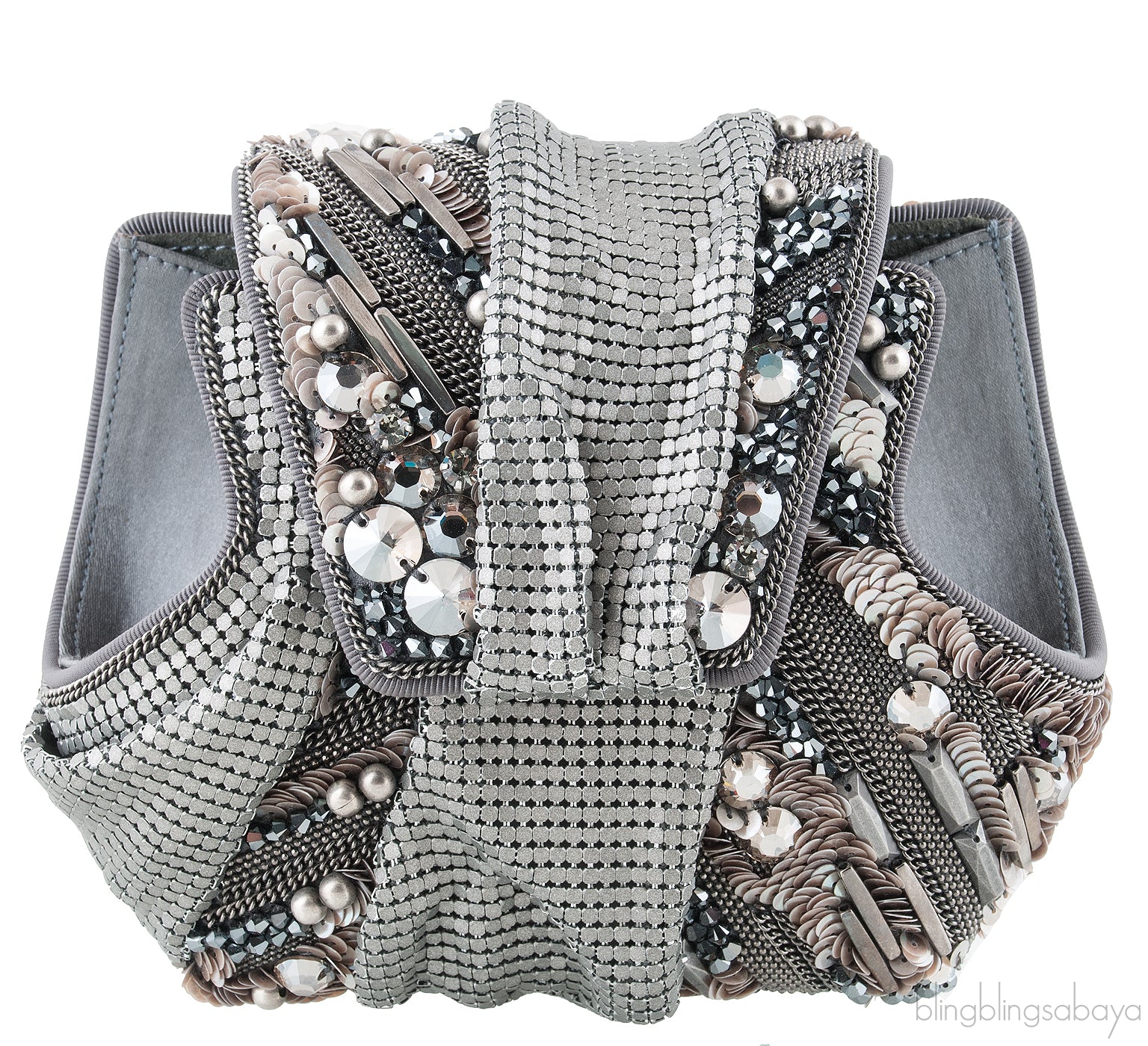 Grey Satin Metal Mesh Clutch