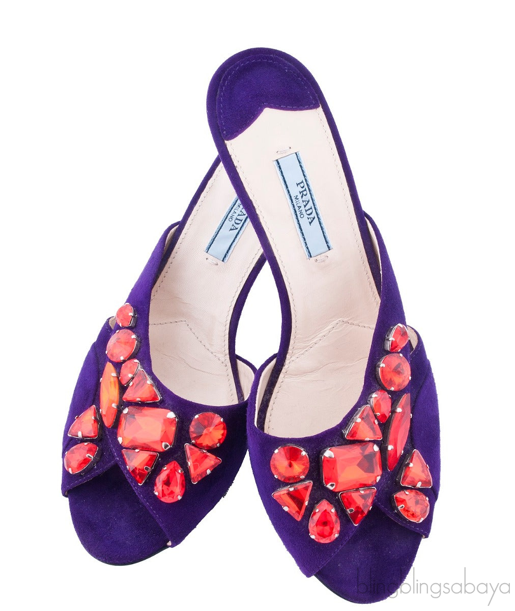 Purple Suede Red Crystal Sandals