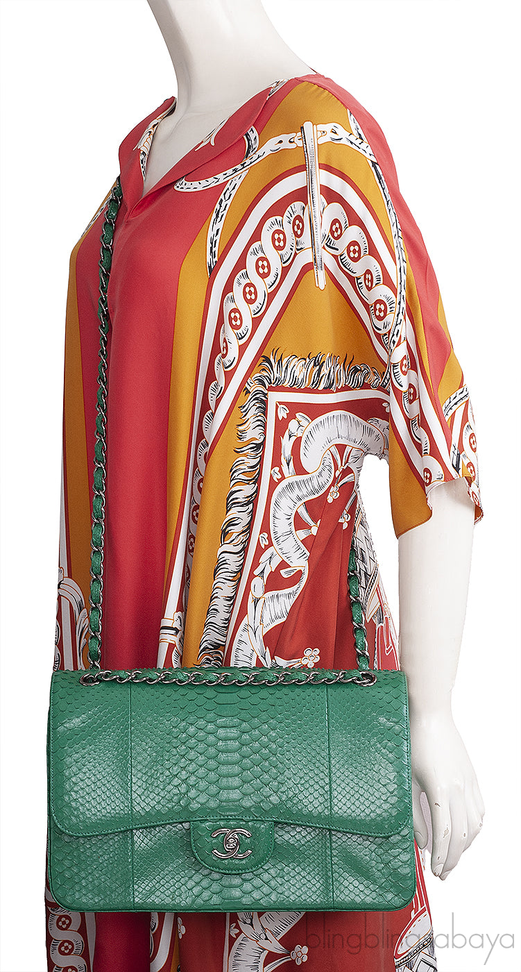 Chanel Classic Jumbo CC Emerald Green Python Flap Bag