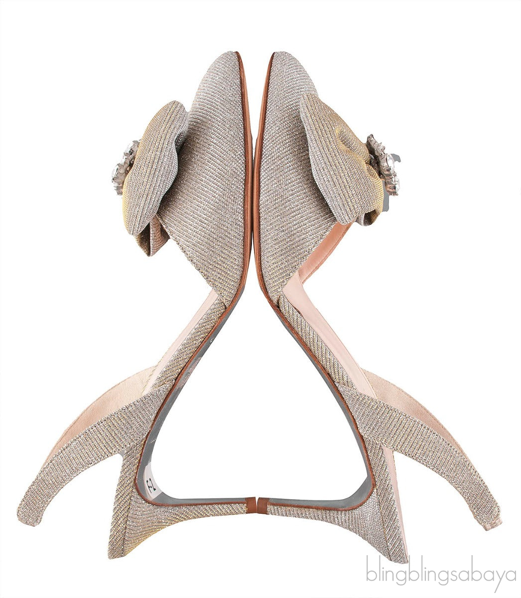 Oscar dela Renta Silver Gold Bow Slingback Heels