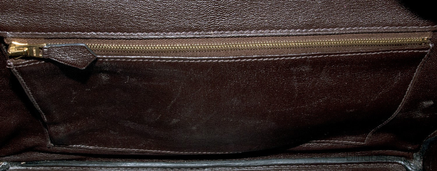 Birkin 35 Brown Patent Porosus GHW