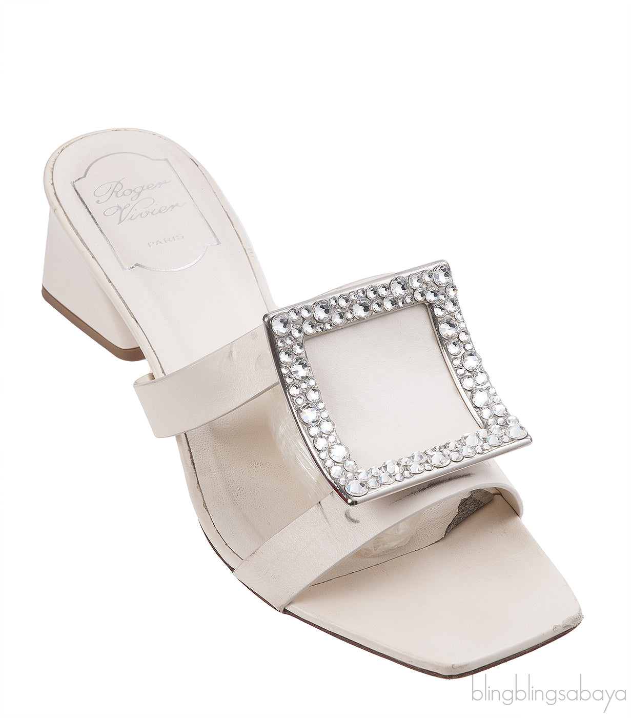 Roger Vivier Off-white Crystal Square Toe Mules