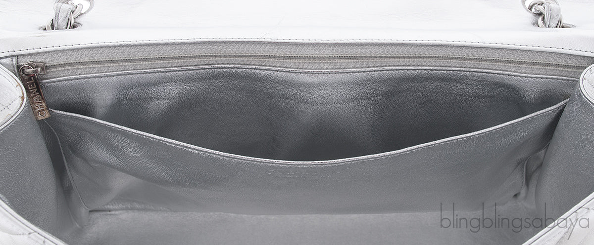 Metallic Silver Quilted Maxi Flap Bag