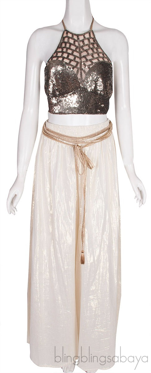 Metallic Wide Leg Trouser & Sequin Halter Top