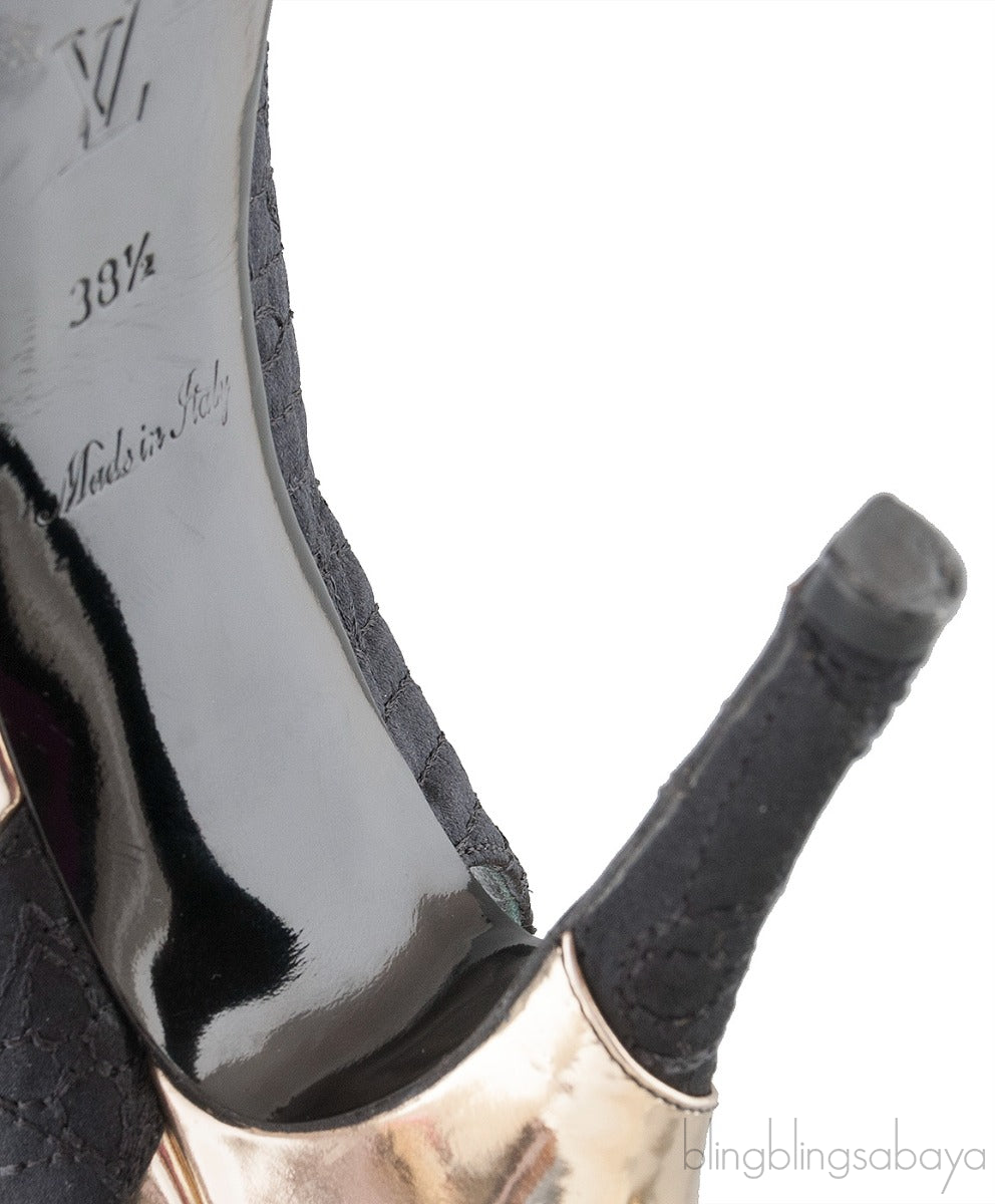 Gold Leather Black Fabric Slingback