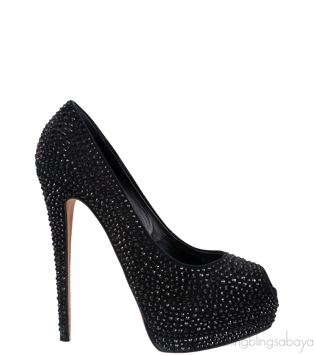 Black Crystal Embellished Peep Toe Heels