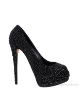 Black Crystal Embellished Peep Toe Heels