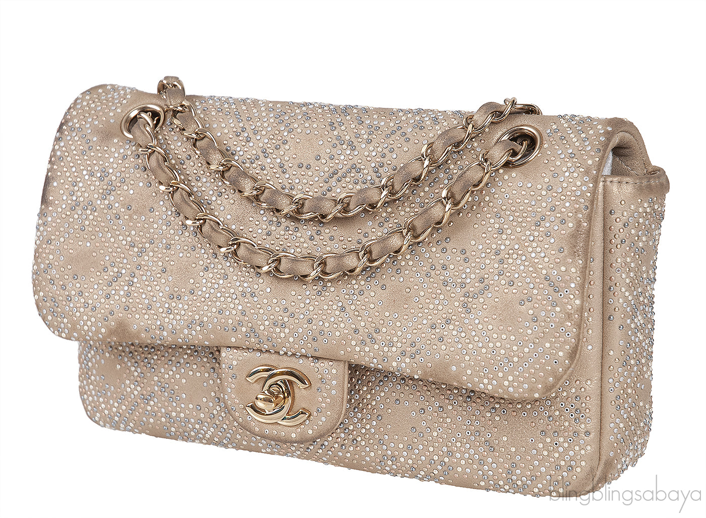 Crystal Bead Jewel Gold Medium Flap Bag