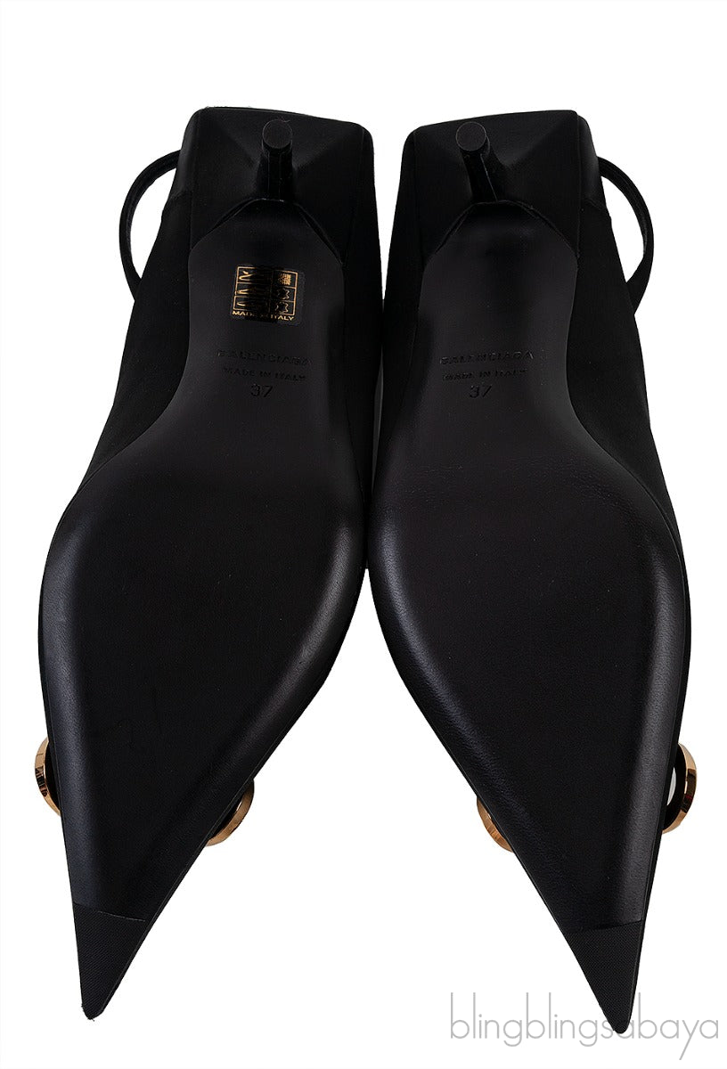 Balenciaga Black Satin BB Pointed Toe Slingback