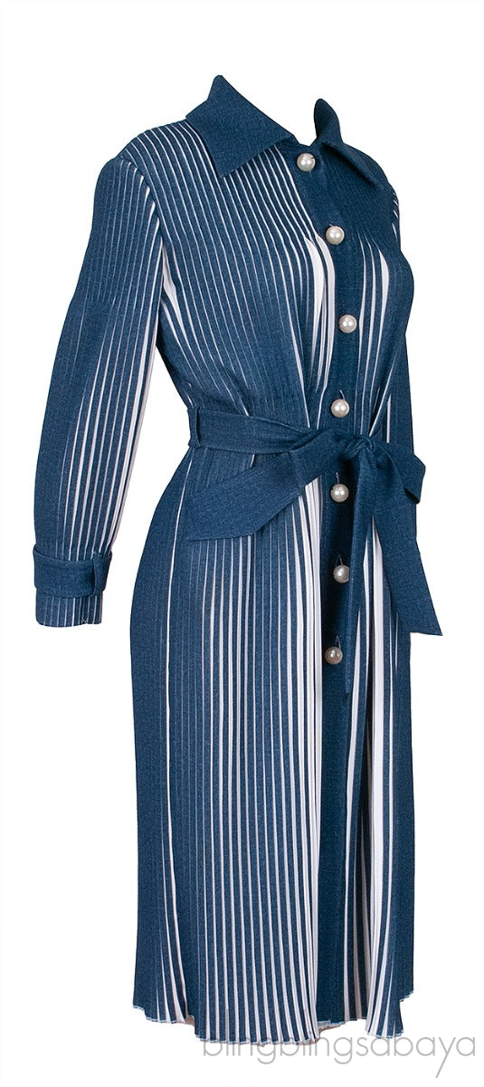 Blue & White Pleated Belted Midi Dress