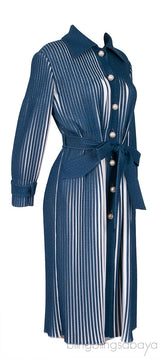 Blue & White Pleated Belted Midi Dress