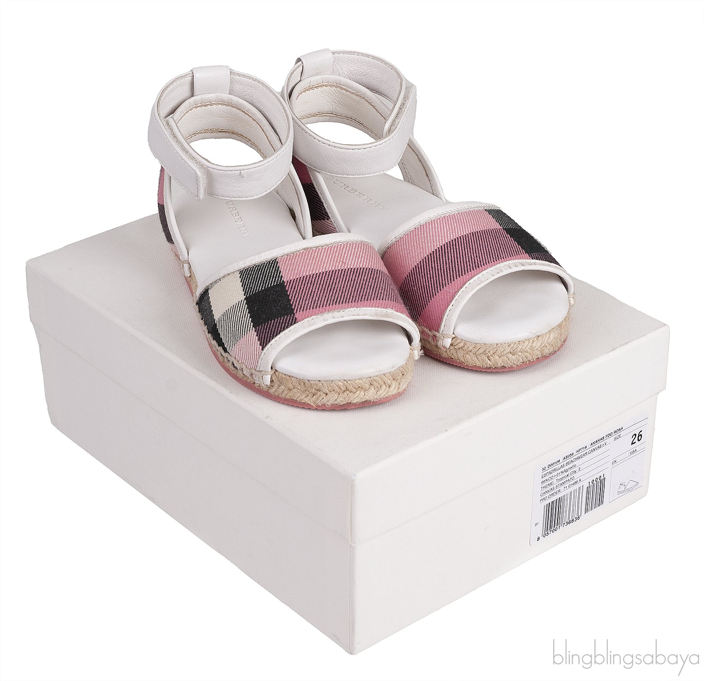 White Leather Pink Check Espadrille Kids Sandals
