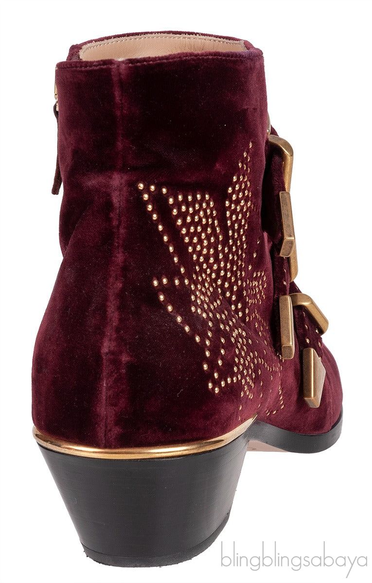 Burgundy Velvet Metal Beads Strappy Boots