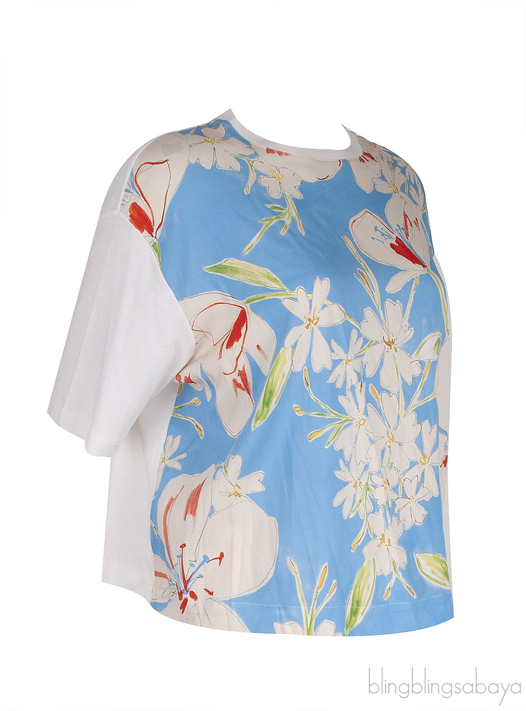 Light Blue Floral White Printed T-shirt