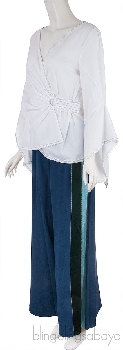 White Wrap Top & Blue Wide Leg Pants
