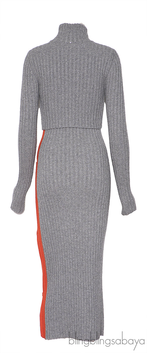 Sportmax Grey Ribbed Wool-Blend Midi Dress with Orange Panels