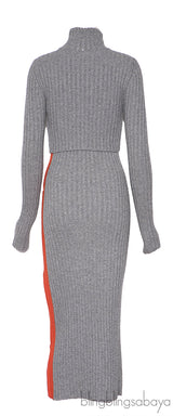 Sportmax Grey Ribbed Wool-Blend Midi Dress with Orange Panels