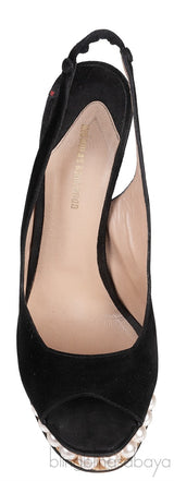 Black Satin Slingback Pearl Sandals
