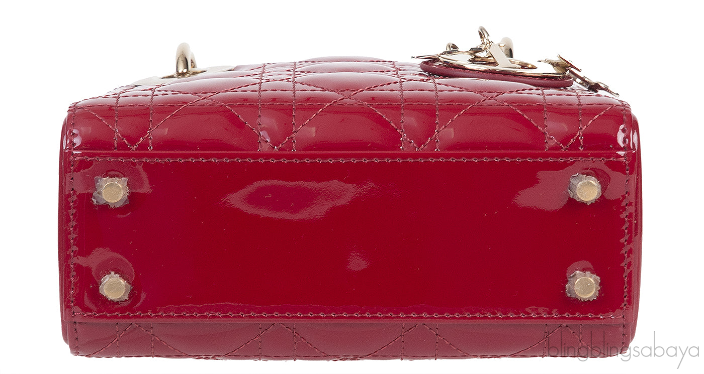 Christian Dior Lady Dior Mini Red Patent Quilted Leather GHW