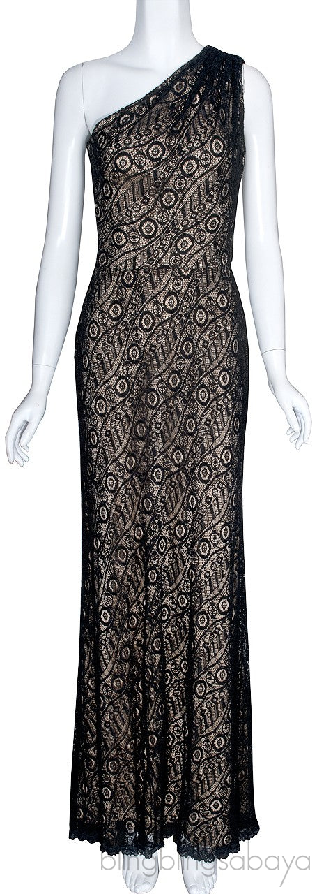 Black One Shoulder Lace Gown