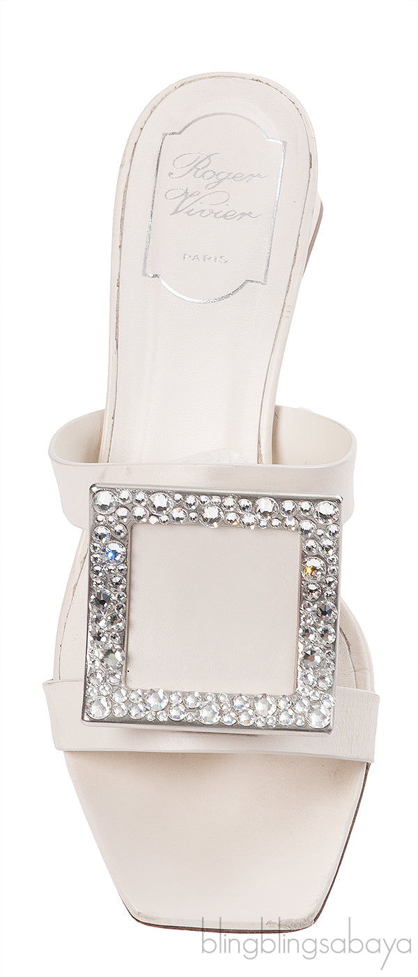 Roger Vivier Off-white Crystal Square Toe Mules