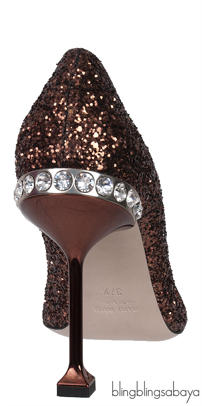 Bronze Glitter Pointed Toe Crystal Embellished Heels