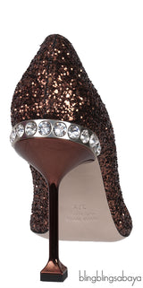 Bronze Glitter Pointed Toe Crystal Embellished Heels