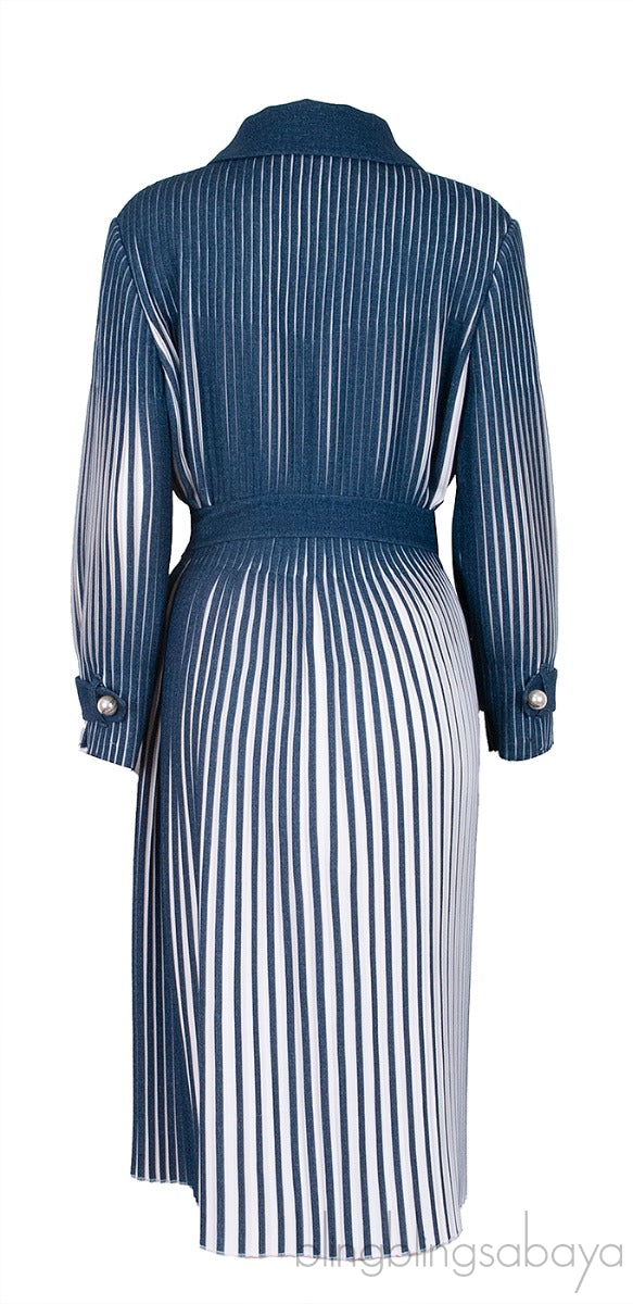 Blue & White Pleated Belted Midi Dress