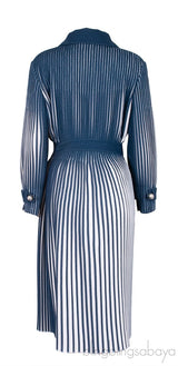Blue & White Pleated Belted Midi Dress