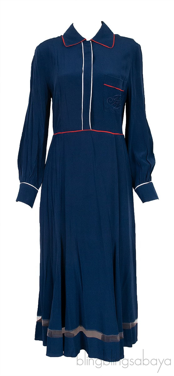 Blue Contrasting Trim Long Sleeve Dress