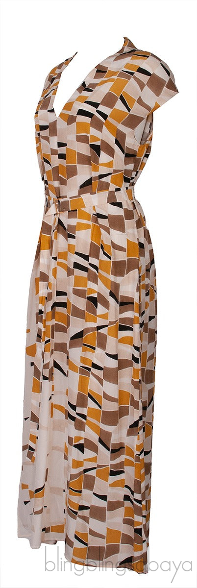 Beige Multicolor Print Belted Dress