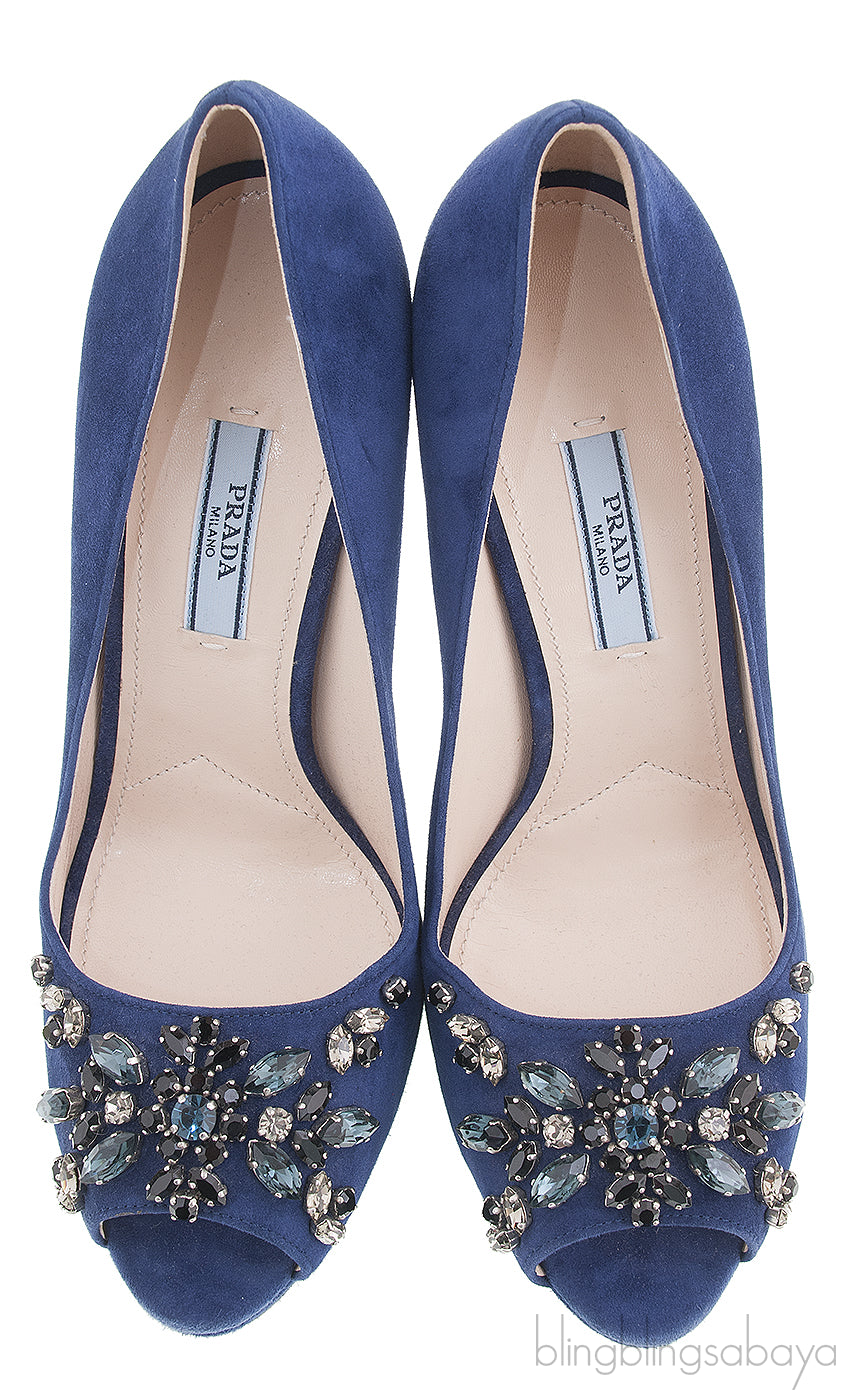 Prada Blue Crystal Peep Toe Pump 38