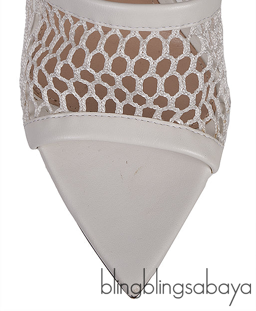 White Leather Trimmed Fishnet Mules