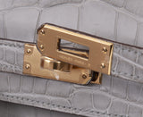 Hermes Special Order Kelly 25 Matte Gris Perle Crocodile and Toffee GHW