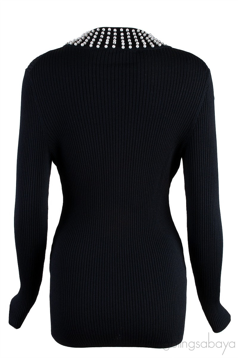 Black Knitted Pearl Embellished Top