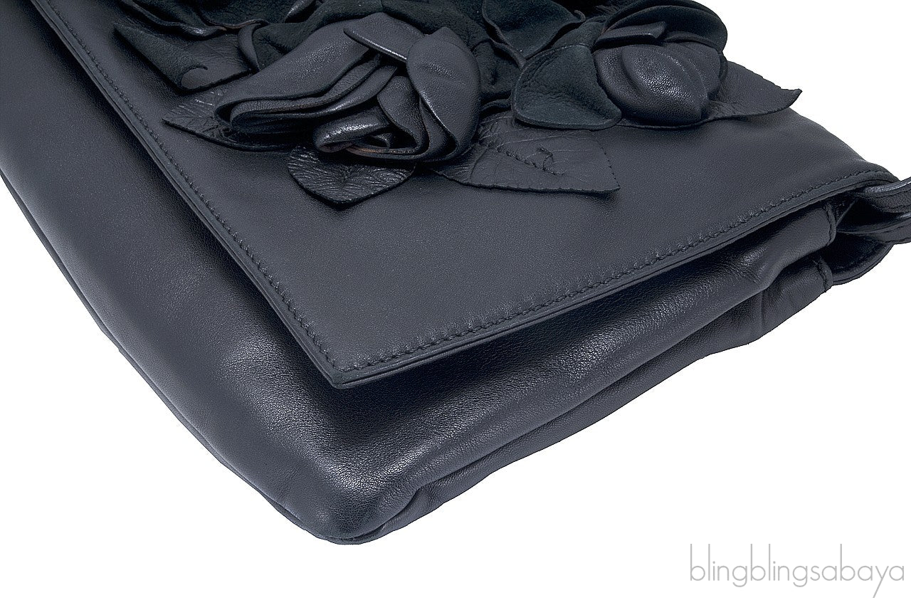 Rosette-appliquéd Leather Clutch