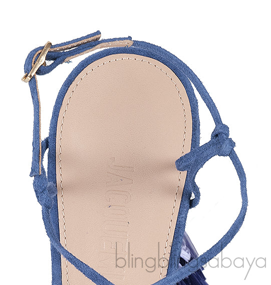 Jacquemus Blue Raffia Pompom Heel Suede Sandals