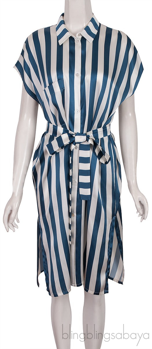 Blue & Off-white Stripe Belted Dress